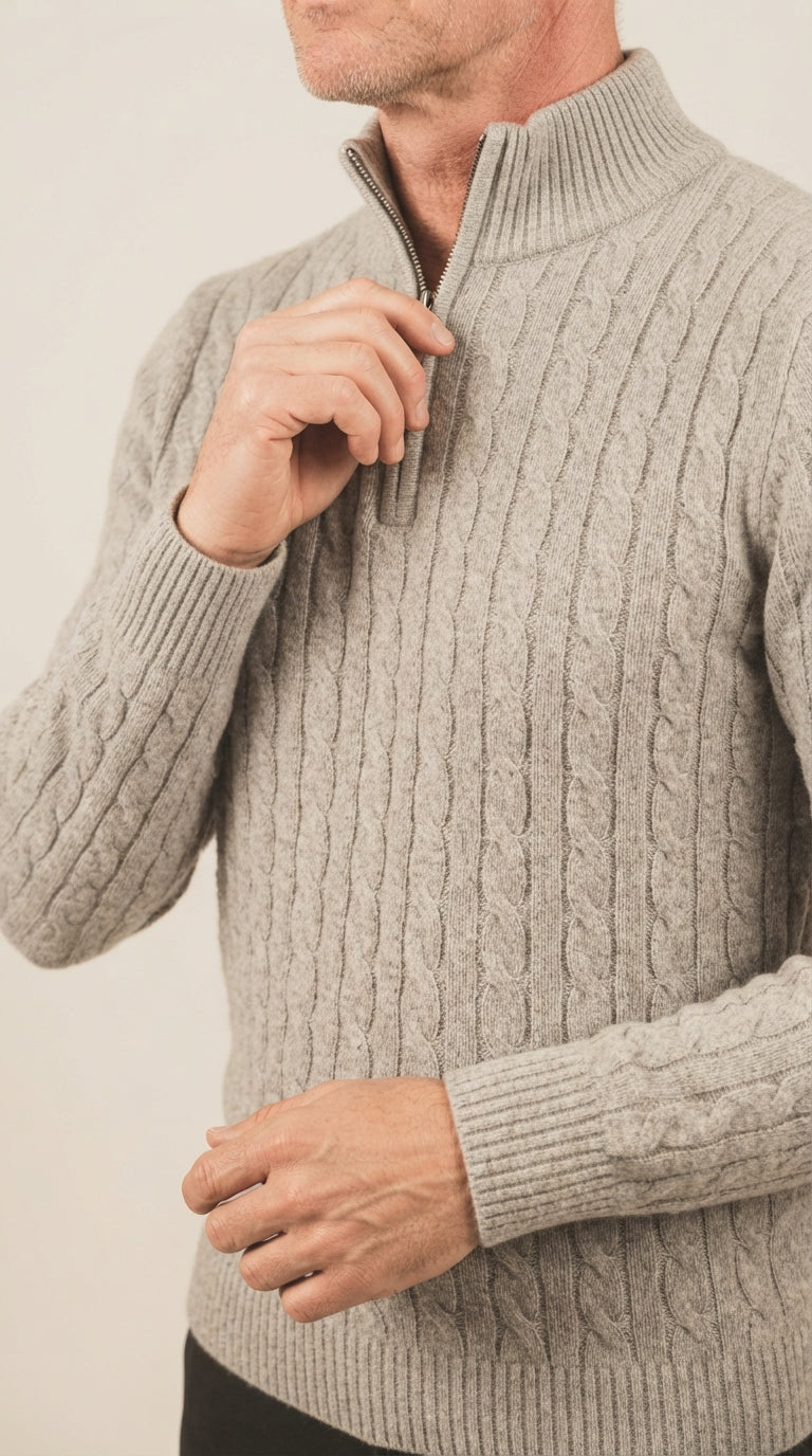 Herren Halbzip Pullover mit Zopfmuster und Stehkragen