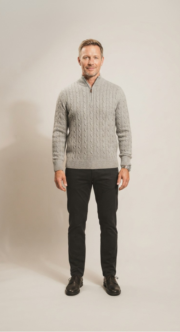 Herren Halbzip Pullover mit Zopfmuster und Stehkragen